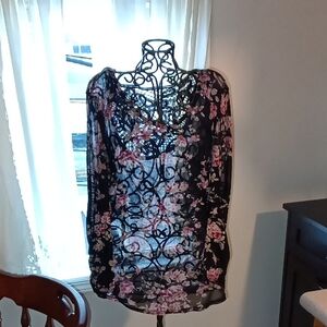 Almost Famous Black Sheer Floral Blouse with Pink Print